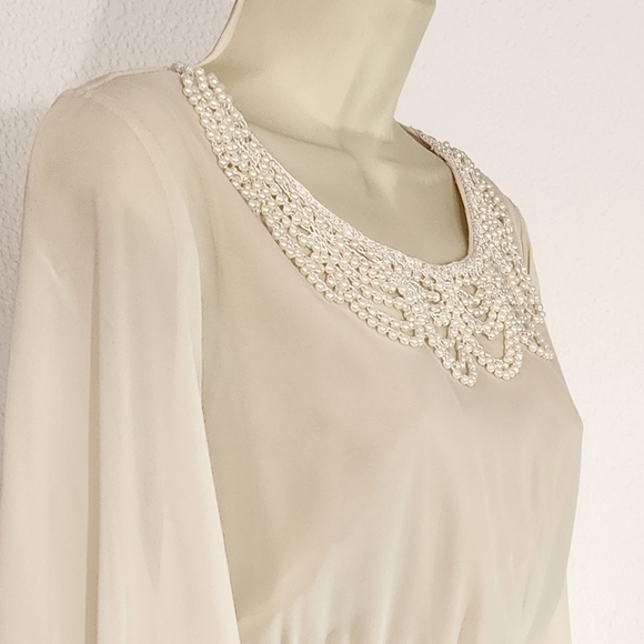Ing Dress Sheer Overlay And Faux Pearl Strands Collar Long Sleeve Cream Size L - Picture 6 of 15